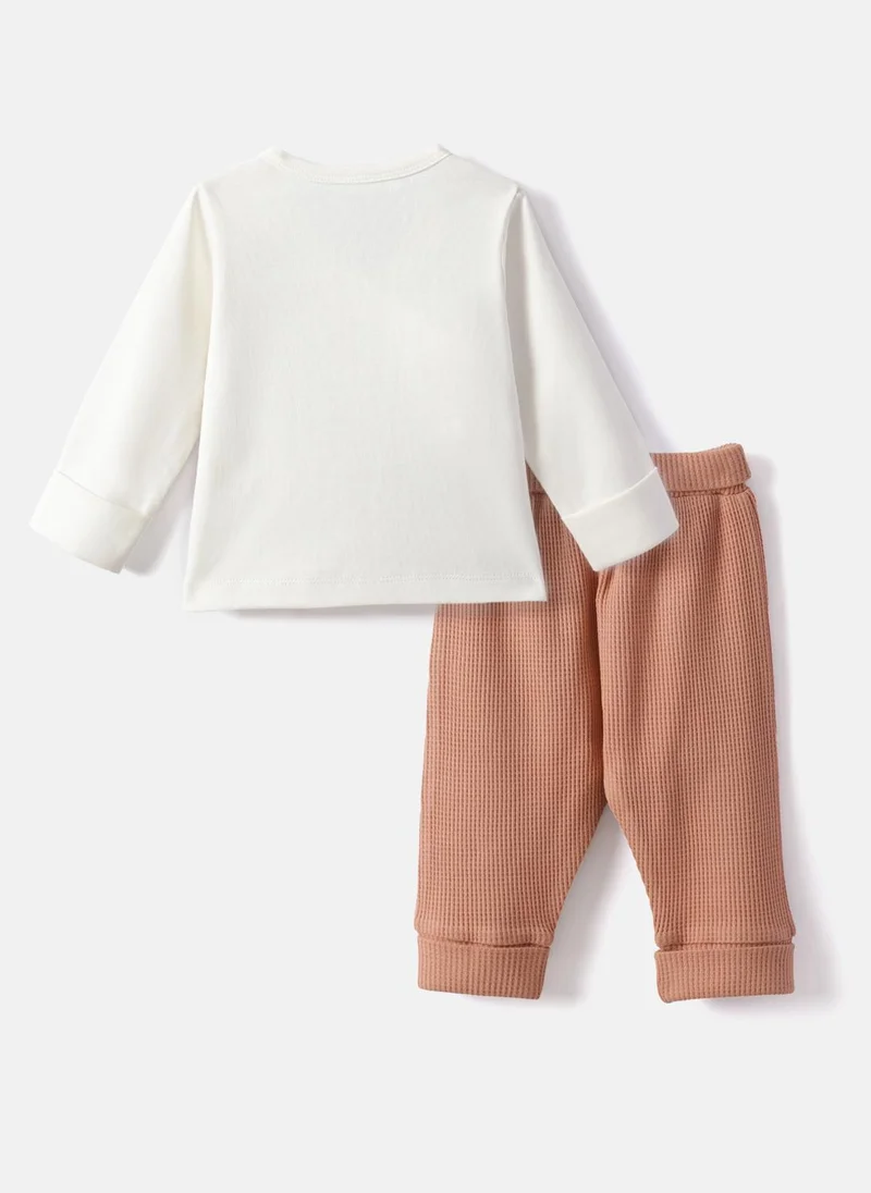 Nautinati Green Baby Girls' 100% Interlock Cotton Bear Embroidered Top & Textured Trousers Combo Set for Women | Best Price UAE